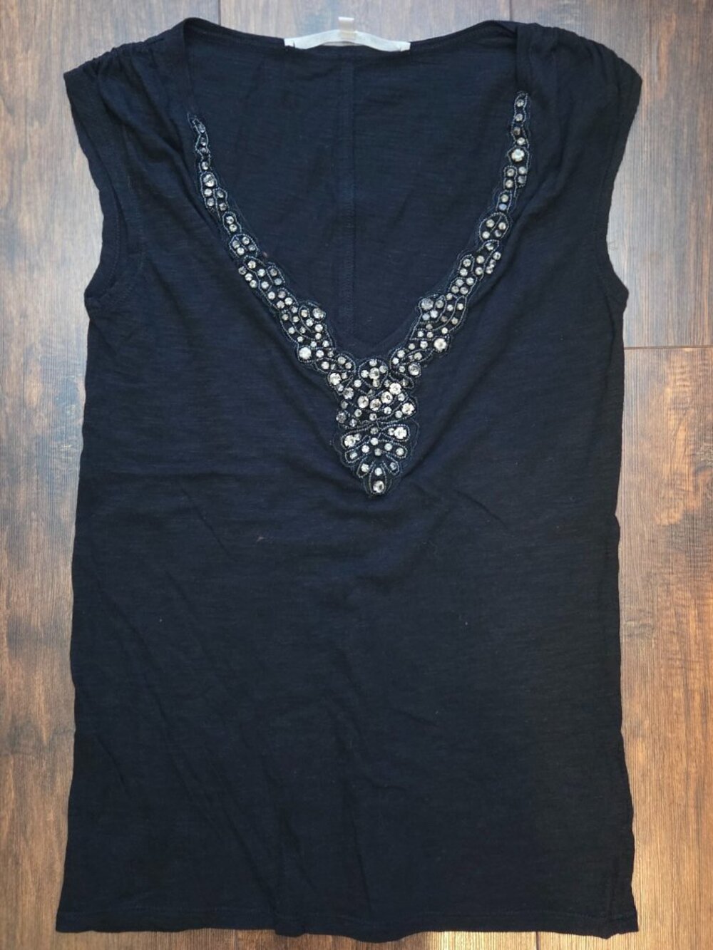 Rachel Roy Embellished V-Neck Cap Sleeve Top Black XS